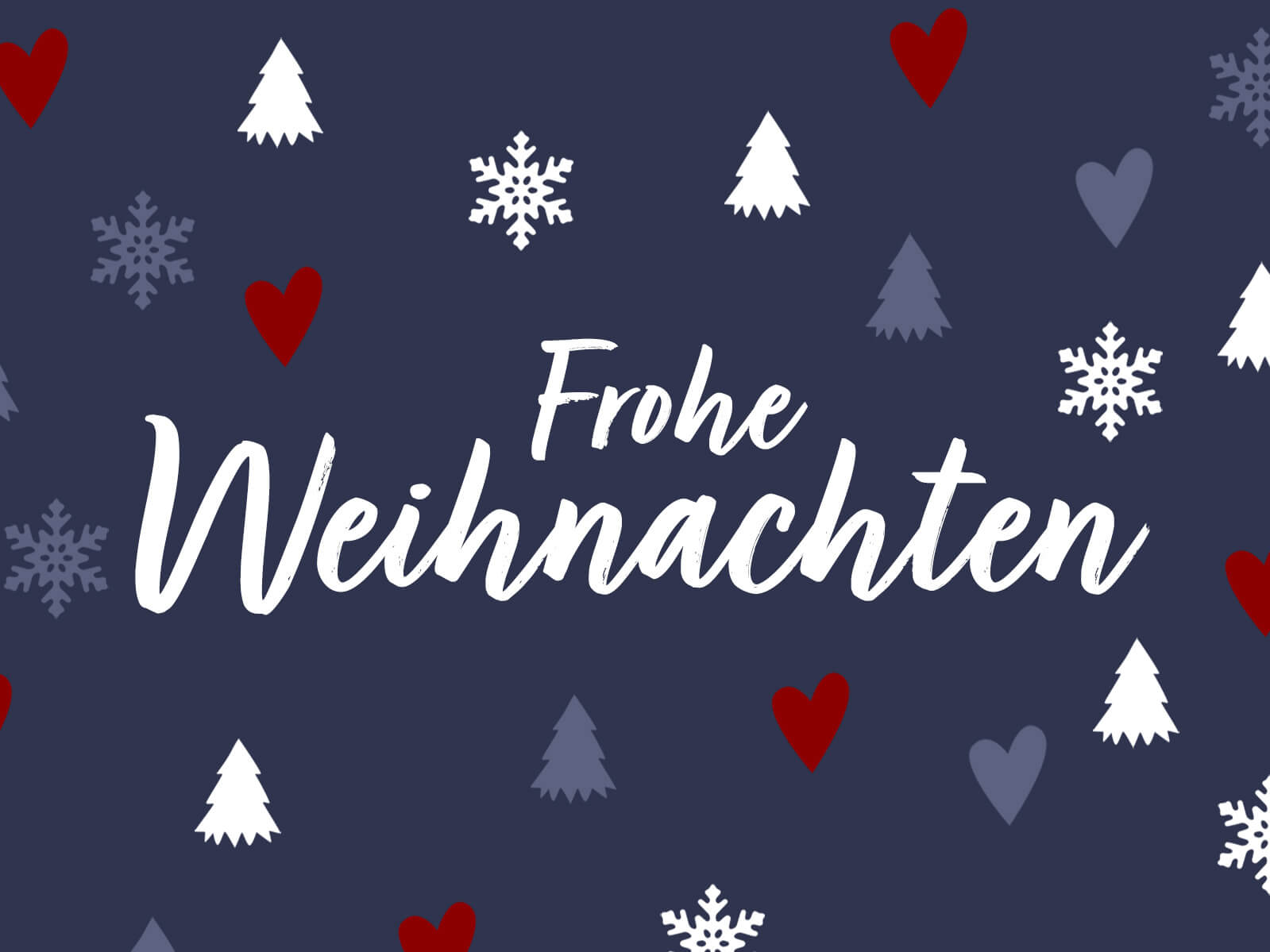 Blaue Weihnachtskarte mit Tannen, Herzen und Schneeflocken