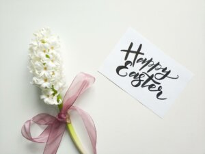 frohe-ostern Eine Hyazinthe mit einer pinken Schleife liegt auf dem Untergrund, daneben liegt ein Zettel mit der Aufschrift "Happy Easter"