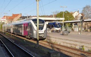 Zwei Züge halten an einem sonnigen Tag im Hildesheimer Bahnhof