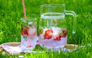 Karaffe und Glas mit Wasser, Erdbeeren und Eiswürfeln stehen auf einer sommerlichen Wiese