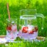 Karaffe und Glas mit Wasser, Erdbeeren und Eiswürfeln stehen auf einer sommerlichen Wiese