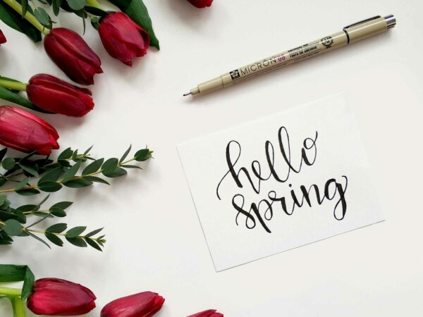 Karte auf der "Hello Spring" steht, umgeben von Blumen und einem Stift