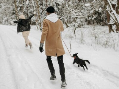 Ein Mann und eine Frau gehen mit ihrem Hund im Schnee spazieren