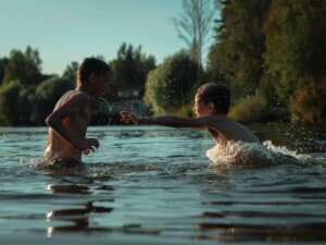 Zwei Kinder sind in einem See und spielen im Wasser.